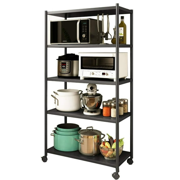 SUSUZI 5-Tier Heavy Duty Storage Shelf - 63" Adjustable Metal Shelving Unit, 600lbs Capacity, 4 Lockable Wheels & 5 Hooks, for Garage/Kitchen/Laundry, 24"Width