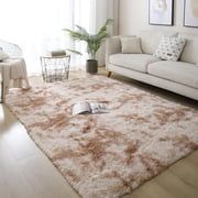 SUSUZI 5 x 7 Shaggy Area Rug, 2 Inch Thick Fluffy Plush Carpet with Non-Slip PVC Back, Light Tan Modern Soft Rug for Bedroom Living Room Kids Room