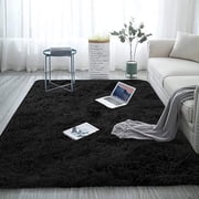 SUSUZI 5x7 Shag Area Rug, Ultra Soft Fluffy Plush Carpet with Non-Slip PVC Dot Backing, 2-Inch Thick Fuzzy Rug for Bedroom, Living Room, Nursery, Kids Room & Dorm, Black