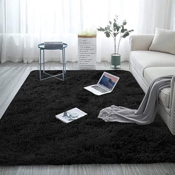 SUSUZI 5x7 Shag Area Rug, Ultra Soft Fluffy Plush Carpet with Non-Slip PVC Dot Backing, 2-Inch Thick Fuzzy Rug for Bedroom, Living Room, Nursery, Kids Room & Dorm, Black