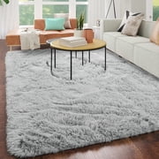 SUSUZI 5x7 Shag Area Rug, Ultra Soft Fluffy Plush Carpet with Non-Slip PVC Dot Backing, 2-Inch Thick Fuzzy Rug for Bedroom, Living Room, Nursery, Kids Room & Dorm, Gray