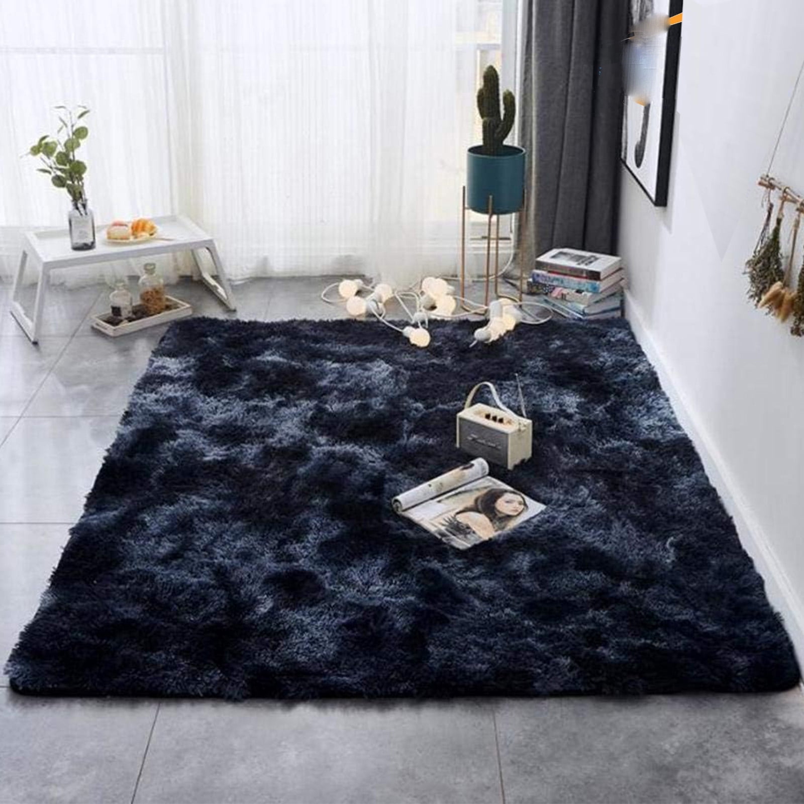 SUSUZI 5' x 7' Shaggy Area Rug, 2 Inch Thick Fluffy Plush Carpet with Non-Slip PVC Back, Dark Blue Modern Soft Rug for Bedroom Living Room Kids Room