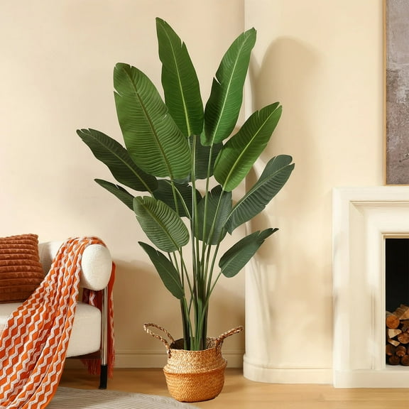 SUSUZI 5ft Artificial Bird of Paradise Plant – Fake Tropical Palm Tree for Indoor Outdoor, Low-Maintenance Faux Plant for Home Office Decoration (Black Pot Included)