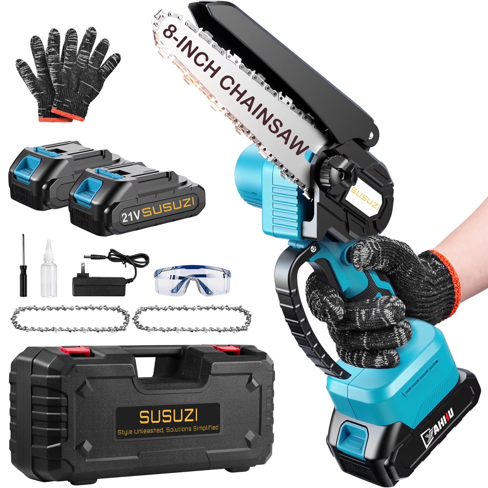 SUSUZI 8-Inch Cordless Chainsaw, 21V Dual Batteries Brushless Electric Handheld Chainsaw for Tree Trimming Gardening Wood Cutting