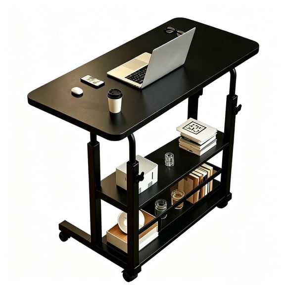 SUSUZI 23.5" Rolling Laptop Desk, Height Adjustable Mobile Laptop Table with 3-Tier Storage Shelves and Wheels,