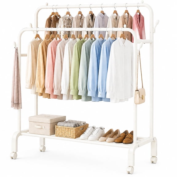 SUSUZI 51" Double Rod Clothes Rack, Rolling Garment Rack with Lockable Wheels, Bottom Storage Shelf & Side Hooks, Heavy Duty Metal Closet Organizer for Bedroom Laundry, White