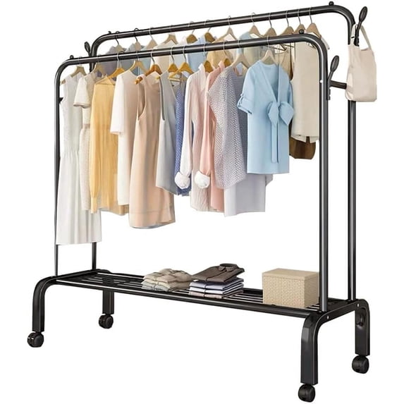 SUSUZI 51” Double Rods Clothes Rack with Wheels – 150LBS Capacity Garment Rack for Hanging Clothes, 4 Hooks & Bottom Storage , Bedroom/Closet Use