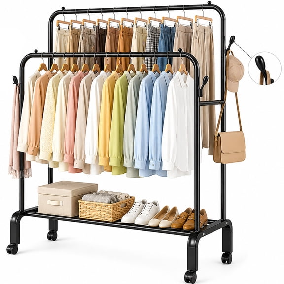 SUSUZI 51” Double Rods Clothes Rack with Wheels, Mobile Garment Rack for Hanging Clothes, 4 Hooks & Bottom Storage for Bedroom Closet