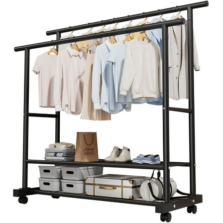 SUSUZI Double Rods Garment Rack with Wheels, 2 Tier Clothing Rack for Hanging Clothes