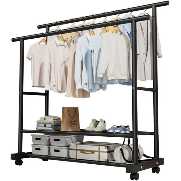 SUSUZI Double Rods Garment Rack with Wheels, 2 Tier Clothing Rack for Hanging Clothes