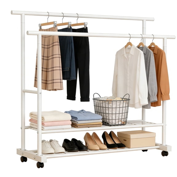 SUSUZI Heavy Duty Double Rod Clothes Rack with Wheels, Rolling Garment Rack with 2 Storage Shelves & 6 Hooks, 180LBS Metal Clothing Rack for Bedroom, Closet & Laundry Room, White