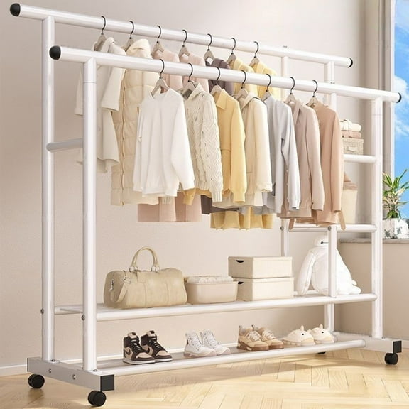 SUSUZI Double Rods Garment Rack with Wheels, 2 Tier Clothing Rack for Hanging Clothes
