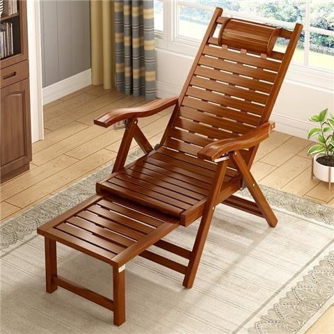 SUSUZI Foldable Bamboo Recliner Chair Lounging Chair with Adjustable Backrest