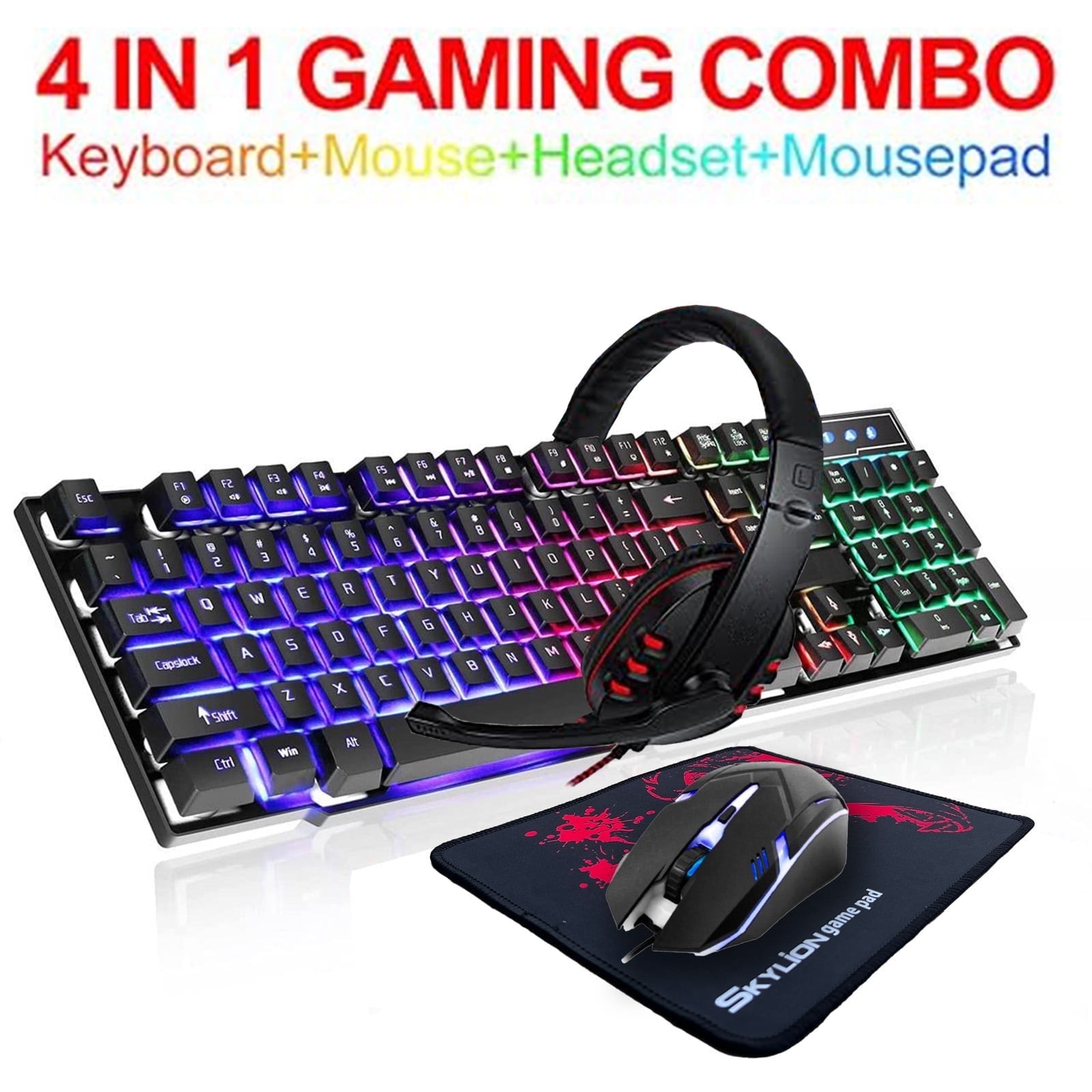 SUSUZI Gaming Keyboard and Mouse and Headset Combo, Full Size Keyboard With Rainbow Backlit, Gaming Headphone with Mic, Gamer 4 in 1 Bundle
