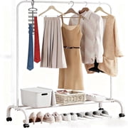 SUSUZI 51-Inch Rolling Clothes Rack with Wheels, Heavy Duty Single Rod Garment Rack with 6 Hooks & Bottom Shoe Shelf, Metal Clothing Rack for Bedroom, Closet, Laundry Room & Entryway, White