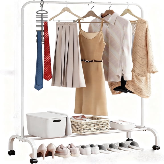 SUSUZI 51” Clothes Rack for Hanging Clothes, Single Rod Metal Rolling Garment Clothing Racks with Wheels 6 Hangers and Shoe Shelves, White