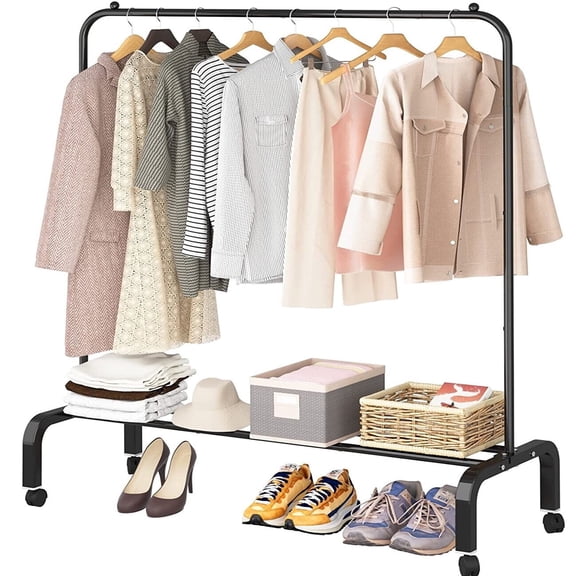 SUSUZI 51” Clothes Rack for Hanging Clothes, Single Rod Metal Rolling Garment Clothing Racks with Wheels 6 Hangers and Shoe Shelves, Black