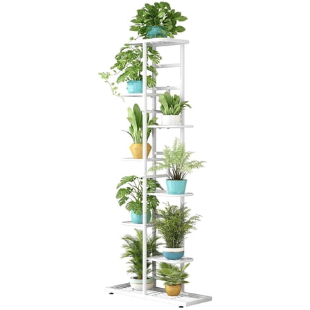 SUSUZI 8-Tier Vertical Metal Plant Stand – 56" Tall Rust-Proof, Indoor Outdoor Small Space Flower Rack (White)