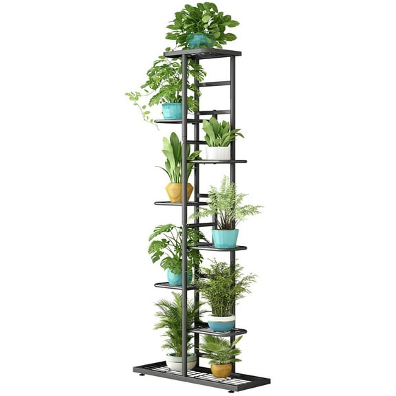 SUSUZI 8-Tier Vertical Metal Plant Stand – 56" Tall Rust-Proof, Indoor Outdoor Small Space Flower Rack (Black)