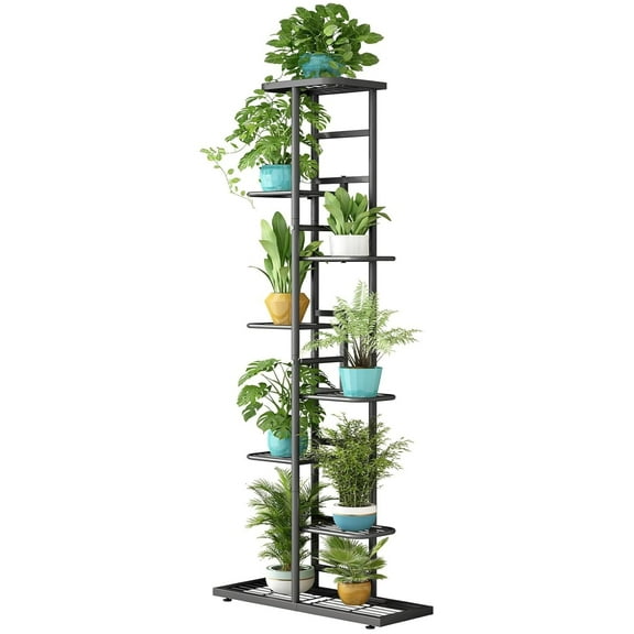 SUSUZI 8-Tier Vertical Metal Plant Stand 56" Tall Rust-Proof, Indoor Outdoor Small Space Flower Rack (Black)