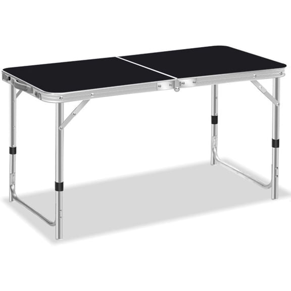 SUSUZI 4FT Folding Camping Table, Portable Adjustable Height Outdoor Folding Table with Aluminum Tabletop & Steel Frame, Lightweight Picnic Table for Camping, BBQ, Beach, RV, Black