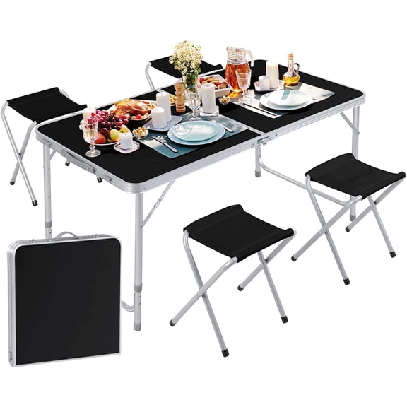 SUSUZI Camping Table Set with 4 Chairs, Portable Folding Picnic Table Set, Adjustable Height Aluminum Outdoor Table for Camping, Beach, BBQ, Fishing, Travel, Black