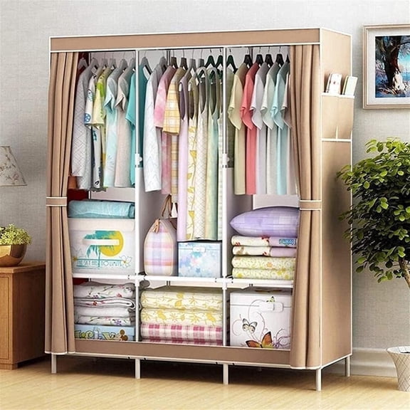 SUSUZI Portable Wardrobe Closet, 51 Inch Closet Storage Clothes Organizers with Hanging Rod and Shelves for Bedroom Walk-in Closet, Khaki