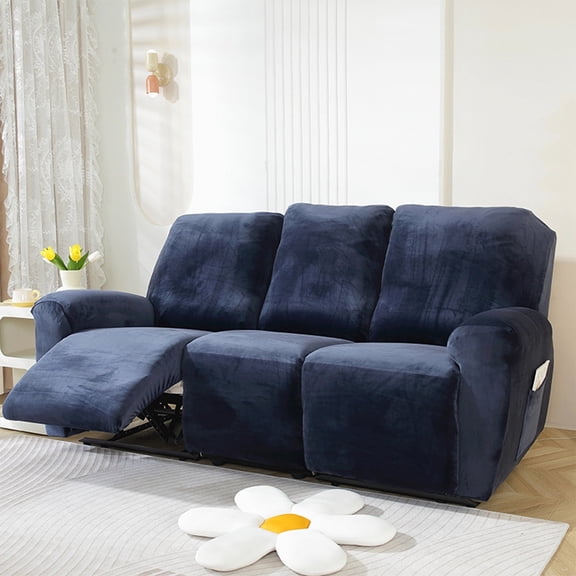 SUSUZI Recliner Sofa Covers 8-Pieces Stretch Couch Covers Anti-Slip Fitted 3 Seats Reclining Slipcovers Soft Velvet Furniture Protector, Navy Blue