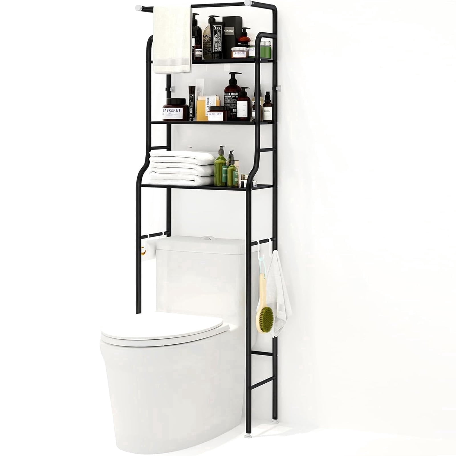 SUSUZI Over the Toilet Storage Rack, 3-Tier Bathroom Space Saver Organizer with Towel Bar, Freestanding Metal Toilet Shelf for Small Bathroom & Laundry Room, Black