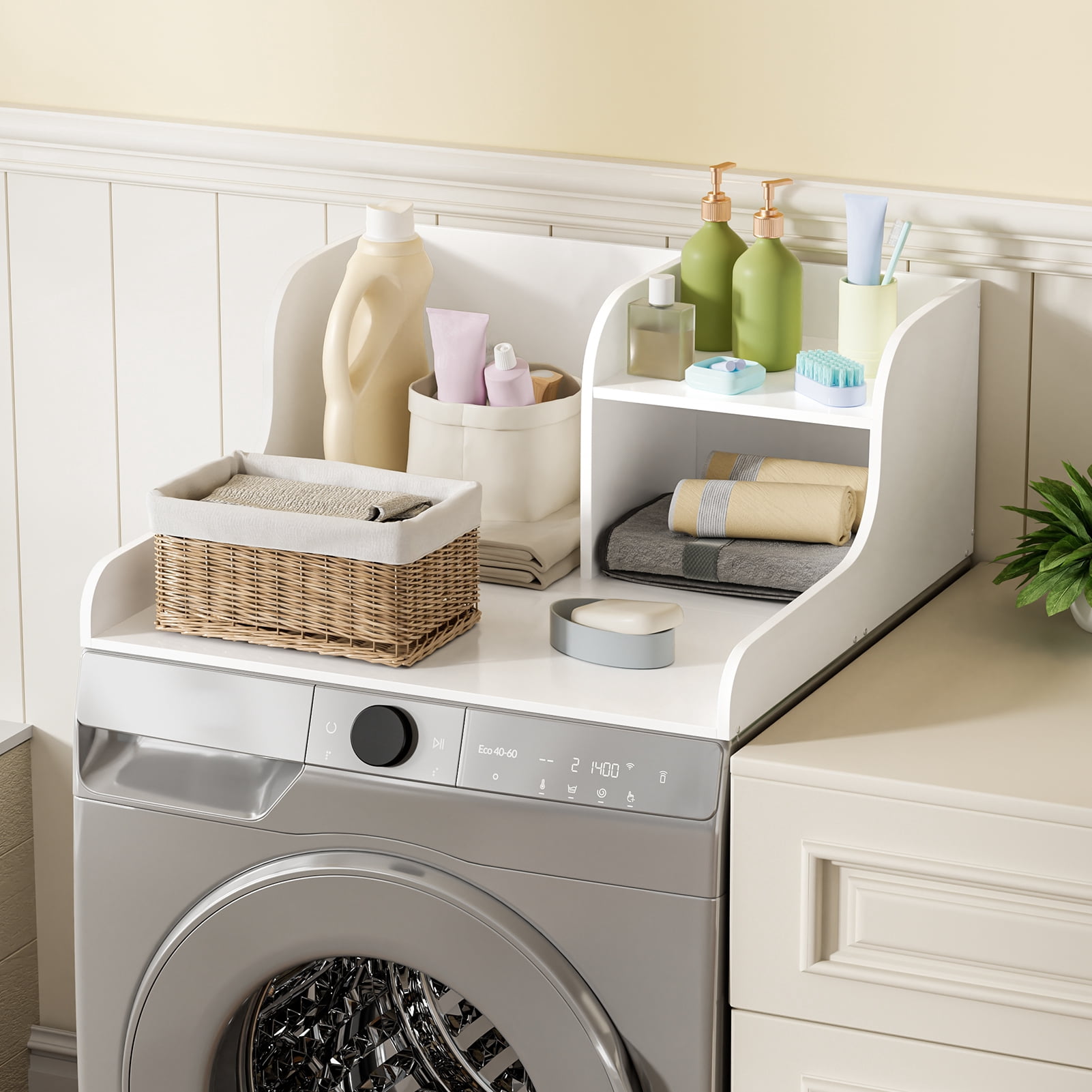 SUSUchens 27.5 Inch Washer Dryer Countertop with Anti-Slip Strips, Edge Rails and Back Baffle, Laundry Room Storage Shelf Organizer Topper with 110lbs Load Capacity (White)