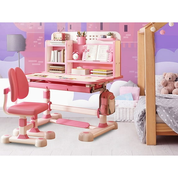 SUSUchens 2Pcs Kids Study Desk Chair Set Children School Study Table Chair Set with Sitting Corrector,Height Adjustable Ergonomic Desk Chair (Pink)