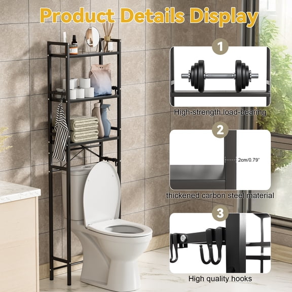 SUSUchens 3-Tier Over The Toilet Shelf,Adjustable Metal Bathroom Organizer Rack,Freestanding Above Toilet Storage Shelf Laundry Room Organizer and Storage with Large Capacity,Black