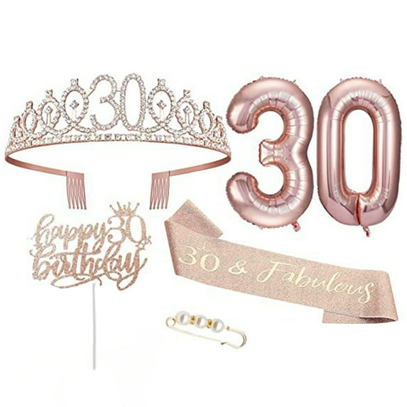 SUSUchens 5Pcs/Set 10th 15th 25th 30th 40th 50th 60th Birthday Decoration Sweet Rhinestones Balloon with Charm Pin Birthday Cake Topper Tiara Crown Queen Sash Kit Party Supplies 30 years