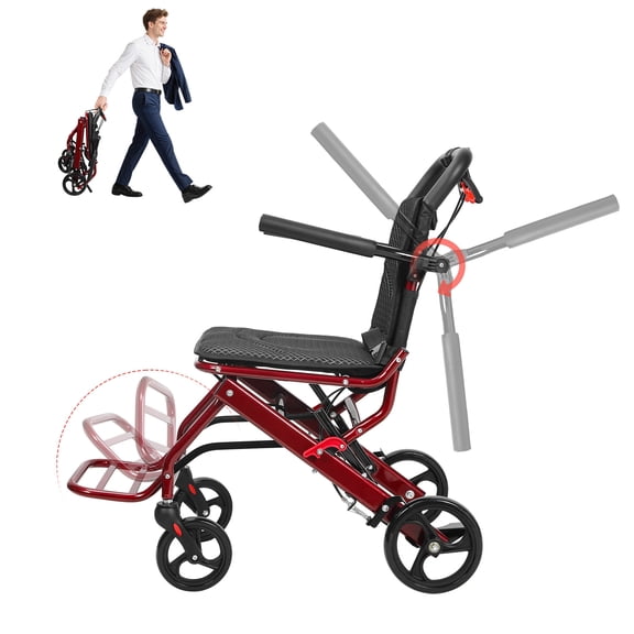 SUSUchens Adults Foldable Transport Wheelchairs,Portable Aluminum Alloy Wheelchair,Lightweight 18.5lbs Travel Wheelchair with 8" Rear Wheels Hand Brakes,Supports 175lbs Capacity