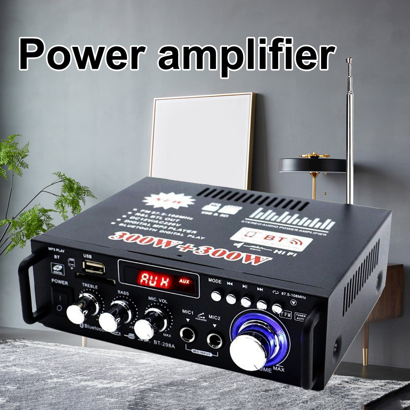 SUSUchens BT-298A Power Amplifier Practical Liquid-crystal Display 2CH 12V/220V 600W HiFi Bluetooth-compatible 5.0 Audio Amplificador for Home Black US Plug
