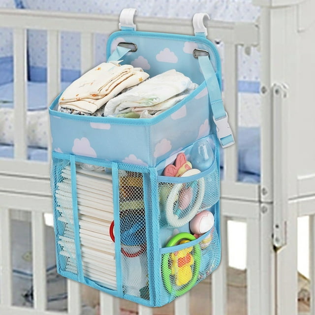 SUSUchens Baby Diaper Hanging Bag with 4 PE Board 2 Hook Cloud Pattern Hollow Mesh Multiple Side Pockets Compartments Infant Essentials Storage Organizer Sky Blue