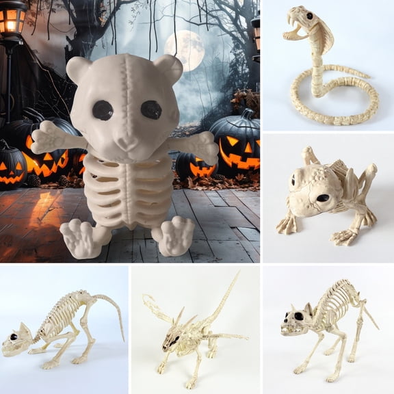 SUSUchens Halloween Decoration Mini Skeleton Bone Statues Poseable Rat Dog Spider Cat Owl Skeleton Figurine for Haunted House Party Decor Style G