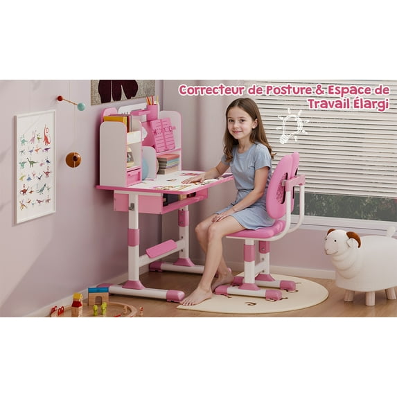 SUSUchens Height Adjustable Kids Study Desk Chair Set with Sitting Corrector,Children School Study Table Chair Set with Book Stand, Foot Pedal, Partition Design (Pink 2Pcs)