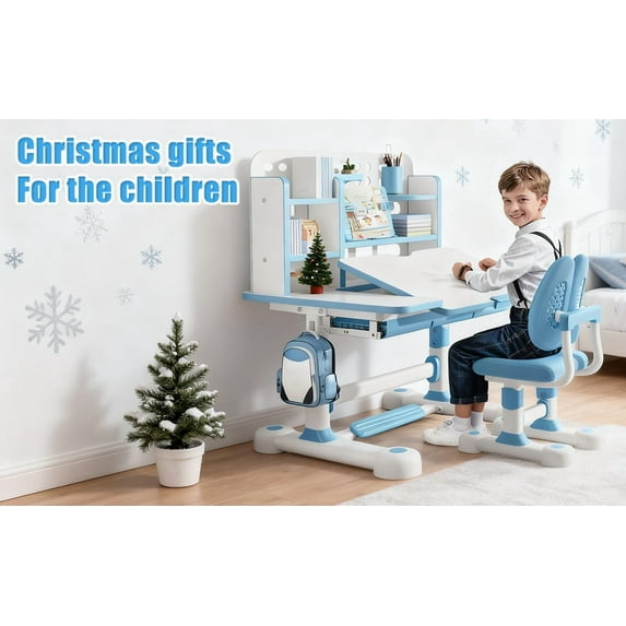 SUSUchens Kid's Study Desk Chair Set Children's Desk and Chair Set, 0-50° Tiltable Desktop Height Adjustable with Large Bookshelf and Storage Drawer Metal Frame _Blue