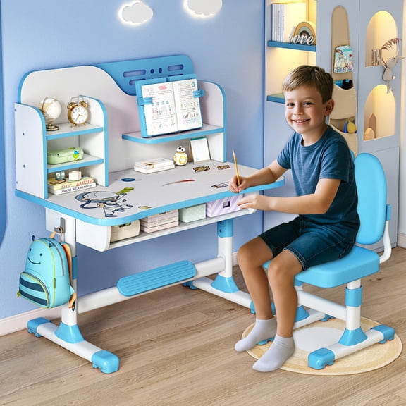 SUSUchens Kids Study Desk Chair Set,Height Adjustable Toddlers Writing Table with Tiltable Reading Stand LED Table Light,Children Learning Table with Extra Large Drawer (Blue)