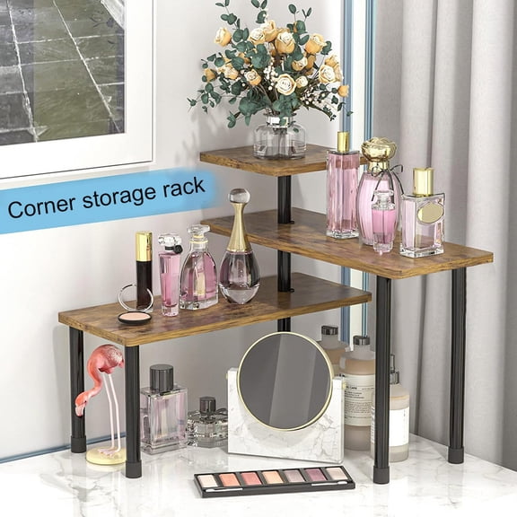 SUSUchens Kitchen Storage Shelf 3 Tiers Great Load Bearing Wide Platform Wooden Spice Bottle Jar Holding Stand Corner Shelf Organizer Countertop Rack Display Bookshelf Triple Layer