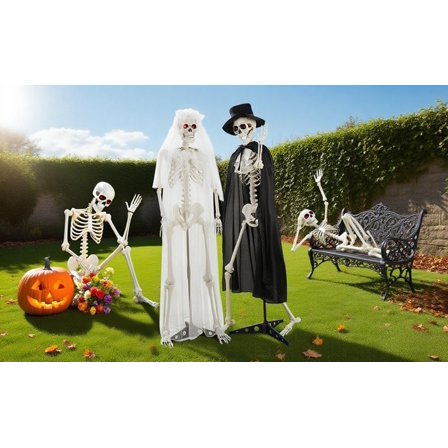 SUSUchens Life-Size 65" Halloween Skeleton Couple Full Body Bones Posable Skeleton with Movable Joints, Bride,Groom Skeleton Decor with Sound,Glowing Eyes,Haunted House Party Props