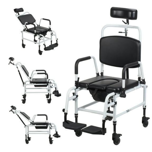 SUSUchens Shower Chair with Wheels, Multifunctional Bedside Commode Chair, Angle Adjustable Shower Commode Wheelchair, Shampoo Chair with Headrest and Bucket for Elderly,Disabled,Adults _Black White