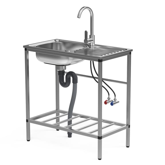 SUSUchens Stainless Steel Utility Sink Set, Freestanding Single Bowl Kitchen Sink, Outdoor Sink Station with Hose Hook Up, Hot & Cold Faucet, Storage Shelves _Silvery