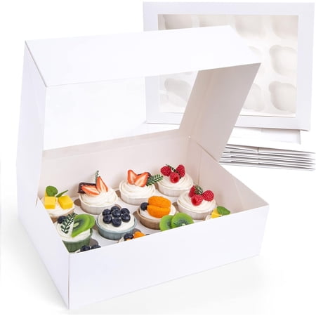 SUSWIM 12PCS White Cupcake Container, 12 Count with Window Boxes Holding 144 Pastry Box for Birthday Holiday Party Bakery Supplies 13"x10"x3.5"