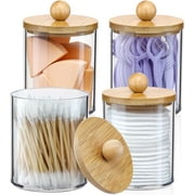 SUSWIM 4 Pack Qtip Holder Dispenser with Bamboo Lids - 10 oz Clear Plastic Apothecary Jar Containers for Vanity Makeup Organizer Storage - Bathroom Accessories Set for Cotton Swab, Ball, Pads, Floss