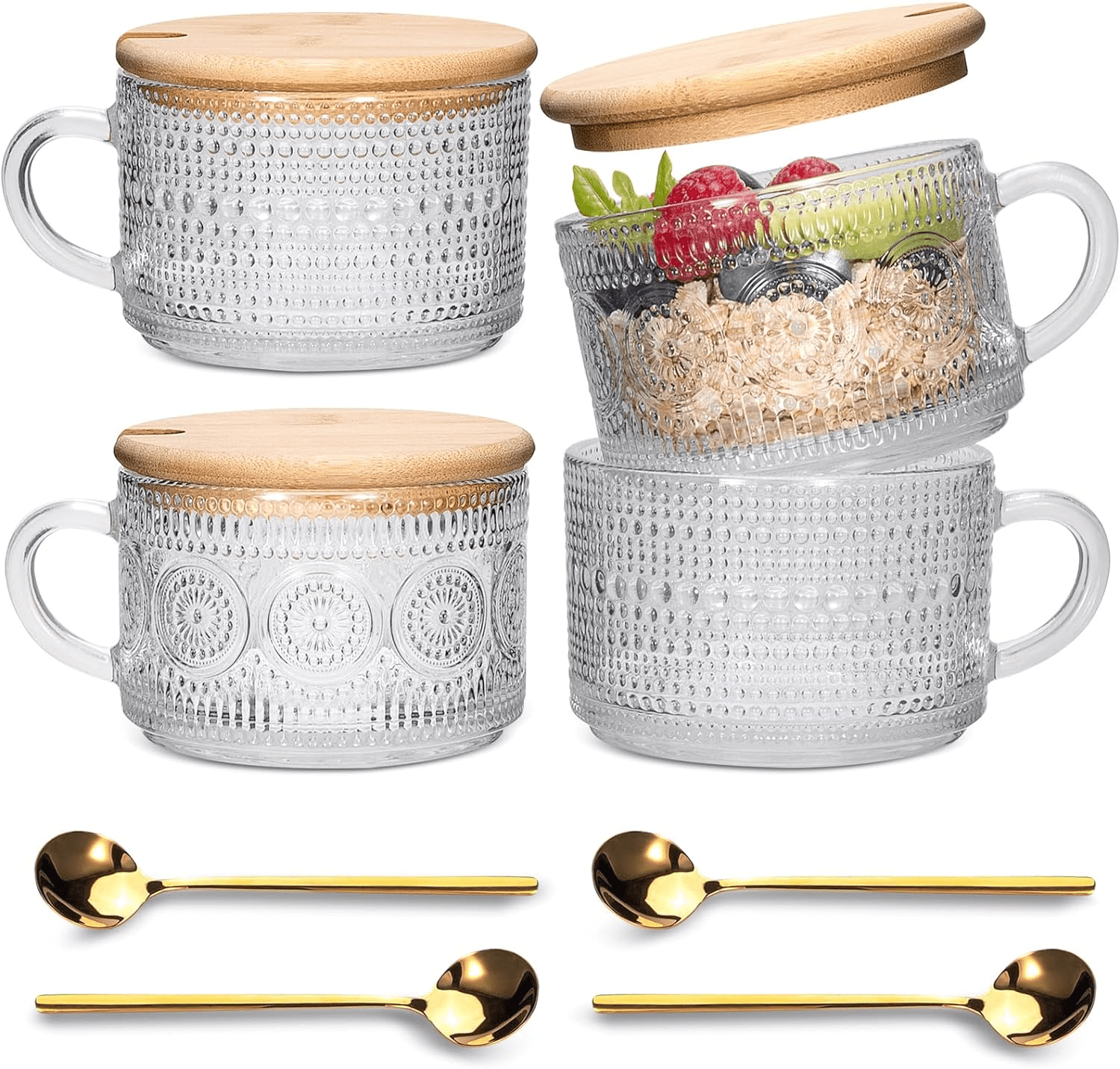 Vintage Clear Glass Coffee Mugs with Bamboo Lids and Spoons, 14oz