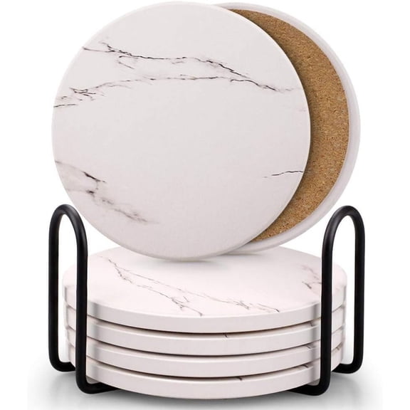 SUSWIM 6-Piece Absorbent Marble Surface White Coaster