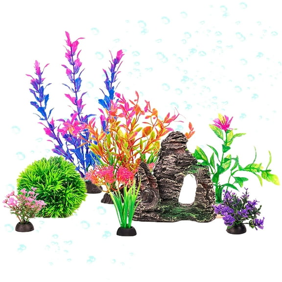 SUSWIM Aquarium Artificial Plastic Plants Decoration, Goldfish Betta Fish Tank Decorations Hides Accessories, Rock Cave Decorations8 Pieces)