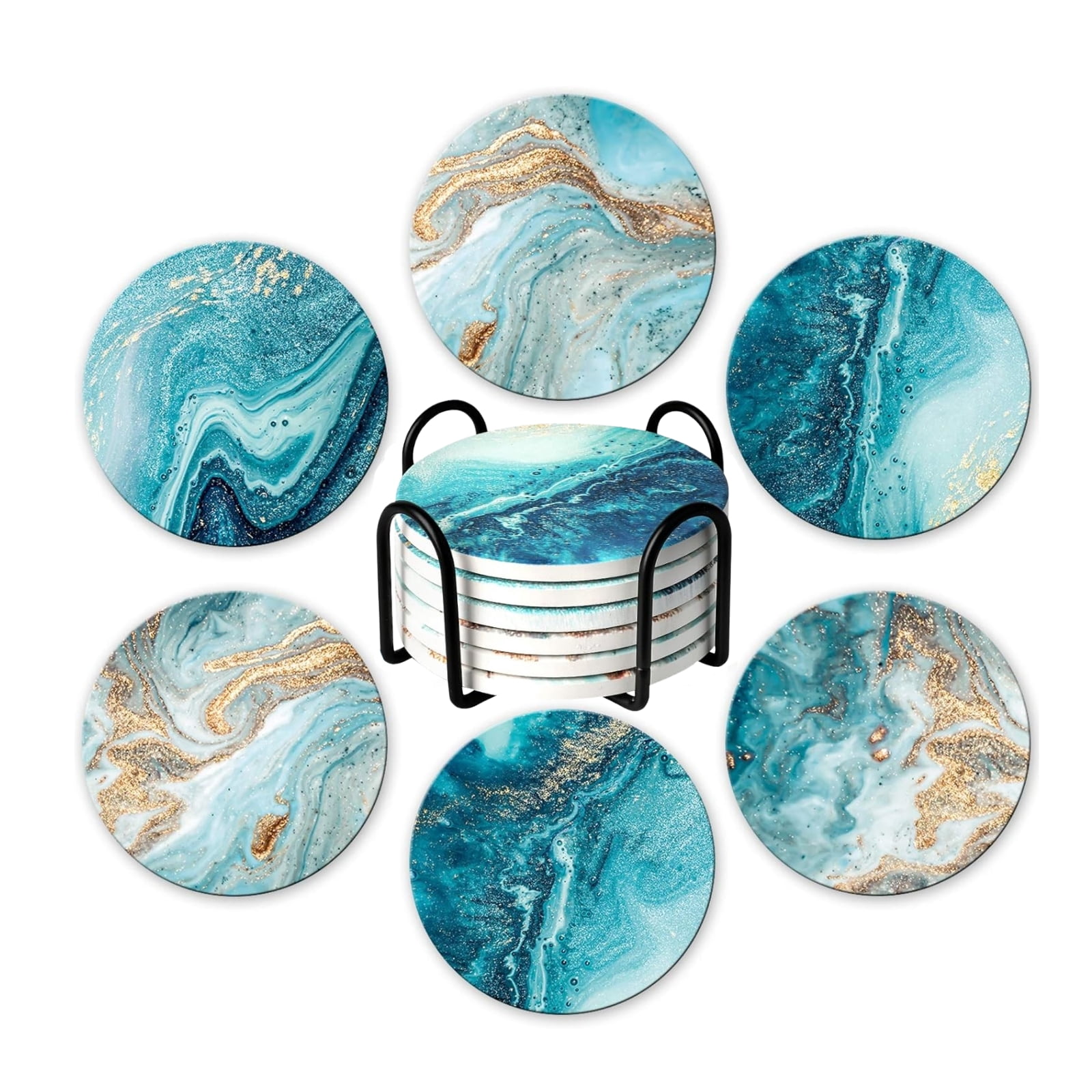 SUSWIM Drink Coasters with Holder, Marble Ceramic Set of 6, 4 Inches ...